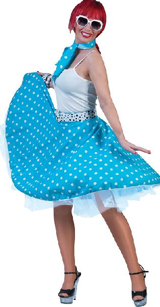 rok blauw met witte bollen - Willaert, verkleedkledij, carnavalkledij, carnavaloutfit, fantasiekledij, feestkledij, jaren 50, r&r, fifties